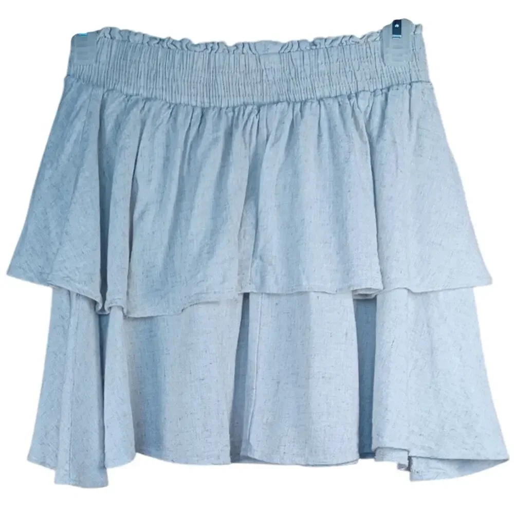 Princess Polly Linen Blend Tiered Mini Skirt Tan Size 6 Greta Ruffle Soft Girl